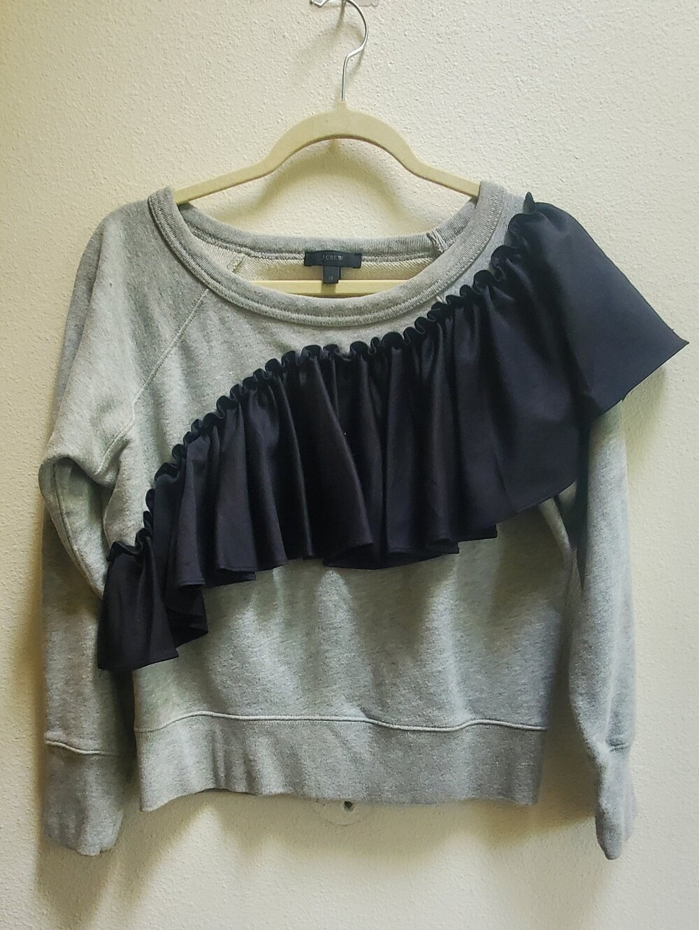 J. Crew Grey Off-the-Shoulder Sweatshirt with Black Ruffle